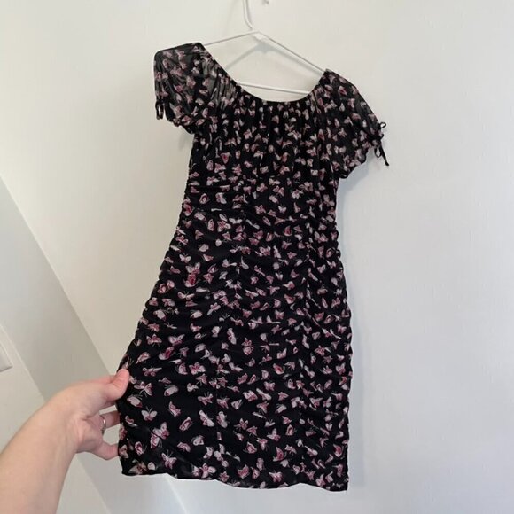 ULTRA FLIRT Black Burgundy Butterfly Print Mesh Tie Neck Y2K Ruched Mini Dress M - Picture 15 of 15